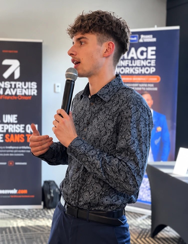 Gabriel Landry, micro à la main, pendant une présentation